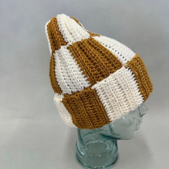 Handmade knit colorblock ivory and golden mustard checkered  stocking hat beanie